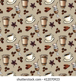 Seamless pattern background. Cup of hot espresso, coffee to go, coffee beans, cinnamon and banyan. For fabric packaging, wrapping paper, menu, coffee shop, cafeteria and restaurant interior design.