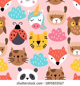 Seamless pattern background with cute animals heads. Childish print for cards, stickers, apparel and decoration. Vector Illustration