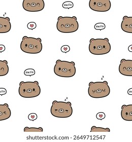 Seamless pattern background with cute bear face cartoon doodle on white, Childish animal pattern for kids