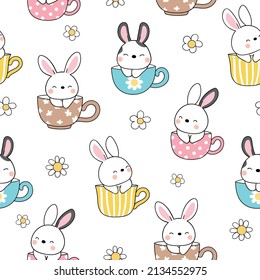 Seamless pattern background cute bunny in sweet cup for Easter and spring Doodle cartoon style