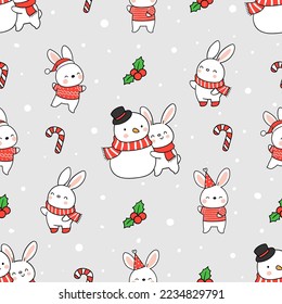 Fondo de patrón sin foco lindo conejito con muñeco de nieve para Navidad e invierno Estilo de dibujos animados Doodle