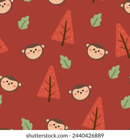 Seamless pattern background of cute cartoon monkeys and trees. cute wallpaper for gift wrapping paper, textile, colorful vector for children, flat style