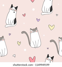 Seamless pattern background cute cat on pastel color.Doodle style.