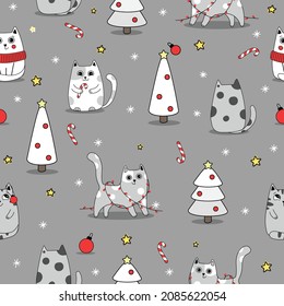 Seamless pattern background cute cat in snow for winter. Doodle style