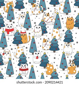 Seamless pattern background cute cat in snow for winter. Doodle style