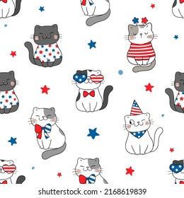 Seamless pattern background cute cat for 4 th july concept Doodle cartoon style