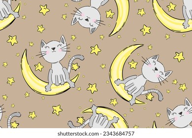 Seamless pattern background cute cat sitting on the crescent. Beige background with star in vector style