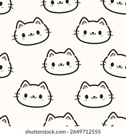 Seamless pattern background with cute cats face cartoon doodle on white, Childish animal pattern for kids