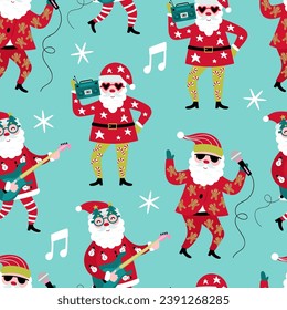 Seamless pattern background with cute Christmas Santa character  singing, playing guitar and dancing. Childish background for fabric, wrapping paper, textile, wallpaper and apparel