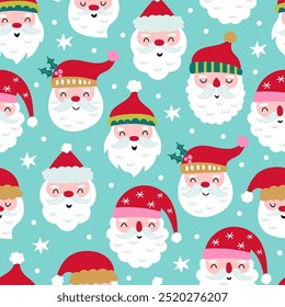 Seamless pattern background with cute Christmas Santa character. Childish background for fabric, wrapping paper, textile, wallpaper and apparel