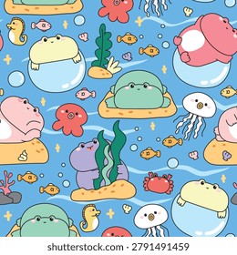 Seamless pattern background of cute chubby fat frogs in underwater ocean scene, kawaii doodle marine life. Animal character cartoon. Jellyfish, octopus and fish. Vector illustration for kids fabric and wrapping paper.