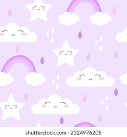 Seamless pattern background with cute clouds and stars with rainbow. Vector illustration for summer background, wallpaper, pajamas and baby textile.