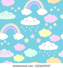 Fondo de patrón sin foco con nubes lindas con arco iris. Ilustración vectorial para fondo lluvioso, papel pintado, pijamas y textil para bebés.