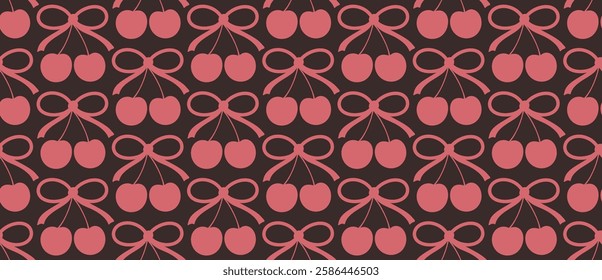 Seamless pattern background with cute coquette pink cherry with ribbon bow icon over dark background. Flirty romantic feminine beautiful pop art print. dark coquettecore aesthetic print