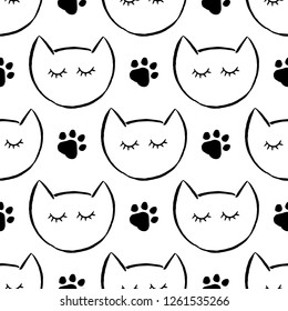 Seamless pattern background with cute doodle cats. Doodle hand drawn illustration. Ready-to-print design template. Vector illustration.