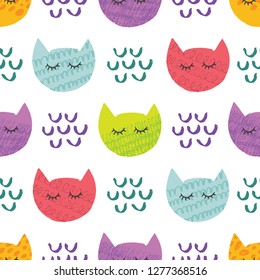 Seamless pattern background with cute doodle colorful cats. Doodle hand drawn illustration. Ready-to-print design template. Vector illustration.