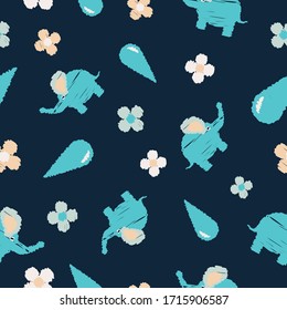 Seamless pattern background cute elephants, water drops and flowers repeat endless cover texture for textile, wrapping paper, clothing, curtains, linens, wallpapers, carpets, fashion fabric prints
