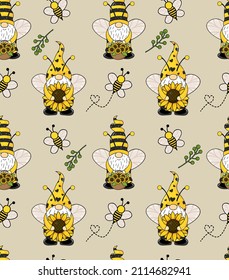 Seamless pattern background cute gnome with sunflower for summer and spring. Seamless pattern with gnomes, bees and sunflowers. Cute baby print. Seamless pattern with gnomes.