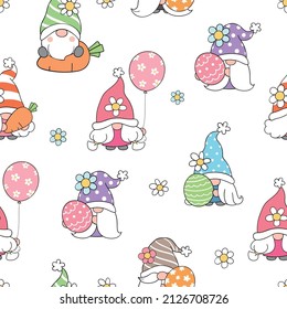 Seamless pattern background cute gnome for Easter and spring Doodle cartoon style