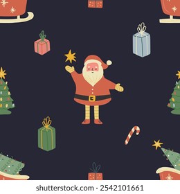 Seamless Pattern background with cute hand drawn Santa Claus, sleigh with a Christmas tree, gift boxes, candy canes.Trendy print for textiles, wallpaper and packaging. Perfect for holiday decorations