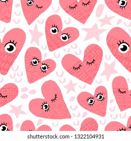 Seamless pattern background with cute heart characters. Doodle hand drawn illustration. Ready-to-print design template. Vector illustration.