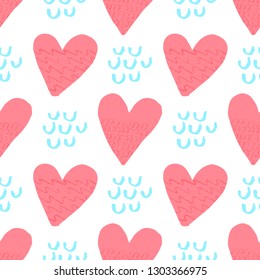 Seamless pattern background with cute hearts. Doodle hand drawn illustration. Romantic background. Ready-to-use design template. Vector illustration.