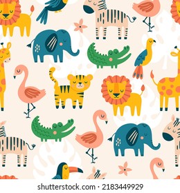 Seamless pattern background with cute jungle animals set. Childish print for wallpaper, wrapping paper and textile. Vector illustration