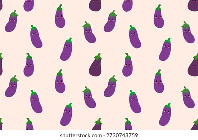 Fondo de patrón sin fisuras con lindas verduras de berenjena kawaii y caras sonrientes adorables.