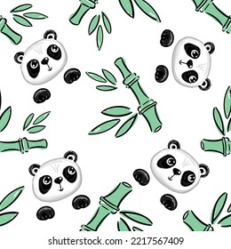 Seamless pattern background with cute panda and bamboo leaves and branch. Vector illustration, cartoon character svg