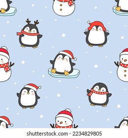 Seamless pattern background cute penguin with snowman for Christmas and winter Doodle cartoon style