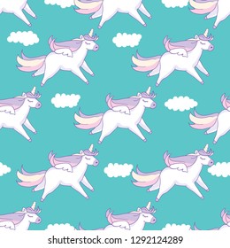 Seamless pattern background. Cute pig as pegasus and unicorn with clouds. Vector illustration