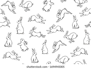 Seamless pattern, background with cute rabbits, hares. Colored vector illustration.