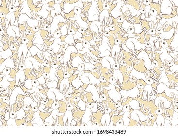 Seamless pattern, background with cute rabbits, hares. Colored vector illustration.
