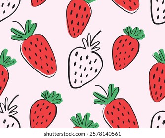 Seamless pattern background with cute simple hand drawn strawberries with black ink outine. Children wallpaper, print, textile design