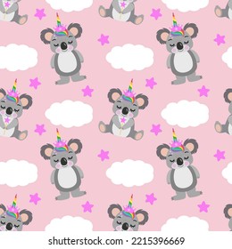 Seamless pattern background of cute unicorn koala with clouds and stars

