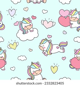 Seamless pattern background cute unicorn for valentine on green pastel Kids print Doodle cartoon style