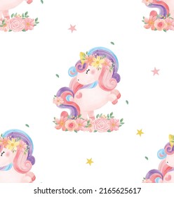 seamless pattern background Cute watercolor sweet floral magical purple baby Unicorn in flower garden, nursery cartoon painting vector illustration