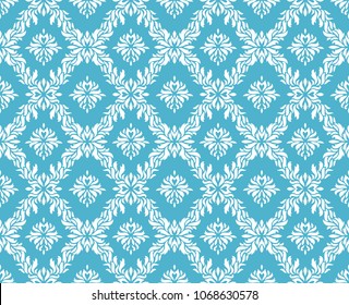 Seamless pattern background in damask style with floral elements, blue with white 