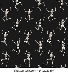 Seamless pattern, background with dancing skeletons. Halloween wallpaper. Vector illustration is isolated on a black background.