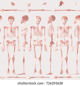 Seamless pattern, background with dancing skeletons in rose gold color. Vector illustration.