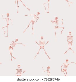 Seamless pattern, background with dancing skeletons in rose gold color. Vector illustration.