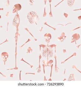 Seamless pattern, background with dancing skeletons in rose gold color. Vector illustration.