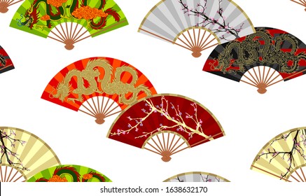 Fondo de patrón incomparable con decorativos chinos y japoneses abren ventiladores con dragón volador lineal dorado y cereza floreciente aislada en blanco. Ilustración del vector