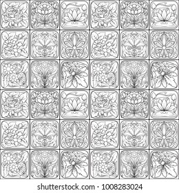 Seamless pattern, background with decorative elements in the style of ceramic tiles in art nouveau style. Outline. Stock vector illustration.