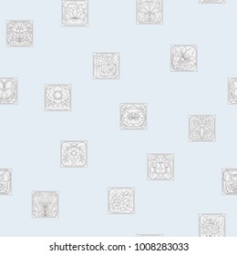 Seamless pattern, background with decorative elements in the style of ceramic tiles in art nouveau style. In vintage blue colors. Stock vector illustration.