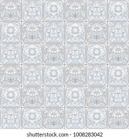 Seamless pattern, background with decorative elements in the style of ceramic tiles in art nouveau style. In vintage blue colors. Stock vector illustration.