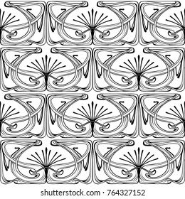 Seamless pattern, background with decorative elements, in art nouveau style, vintage, old, retro style. Outline drawing. Stock vector illustration.