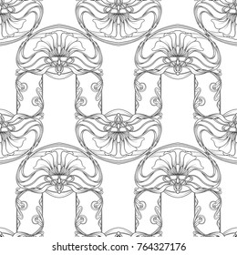 Seamless pattern, background with decorative elements, in art nouveau style, vintage, old, retro style. Outline drawing. Stock vector illustration.