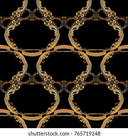 Seamless pattern, background with decorative elements, in art nouveau style, vintage, old, retro style. In gold on black background. Stock vector illustration.