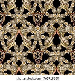 Seamless pattern, background with decorative elements, in art nouveau style, vintage, old, retro style. In gold on black background. Stock vector illustration.